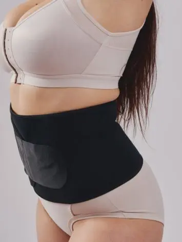 BodyAid black abdominal binder with self-adjusting velcro closure. Leonisa posture bra in beige.