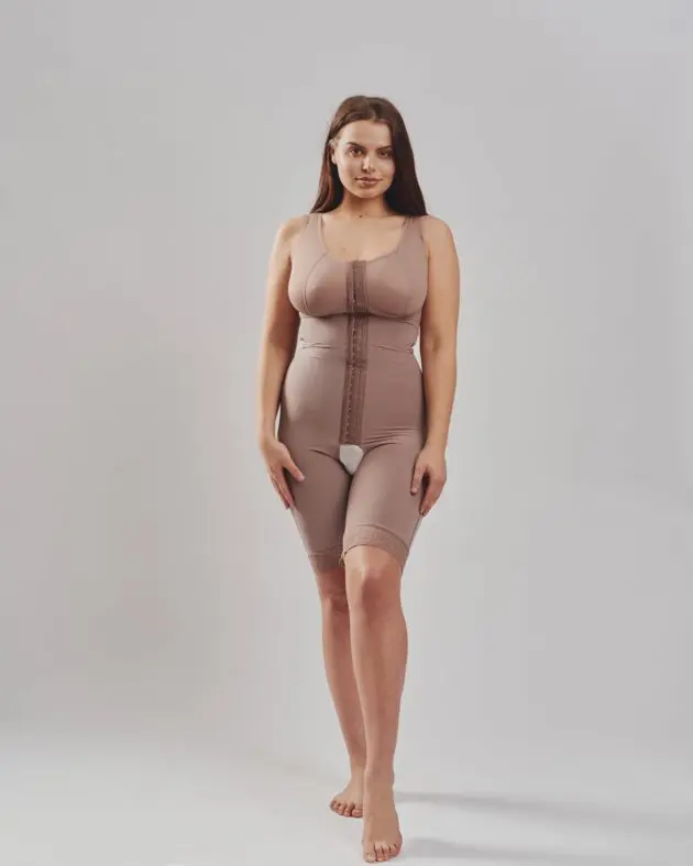 BodyAid natural post-operative comfort bodysuit with built-in bra for extra support. Three row front hook and eye closure for multiple adjustments and fit.
