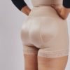 BodyAid Stage 1 boyleg bodysuit in beige with front zip and non roll lace hem. Non compressive butt lift shape support. Perfect for BBL and fat transfer.BodyAid arm compress crop in black.