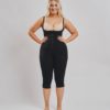BodyAid Stage 1 Capri bodysuit in black with front zip closure and adjustable straps. Features non compressive butt lift shape support. BodyAid post surgery bra in beige.