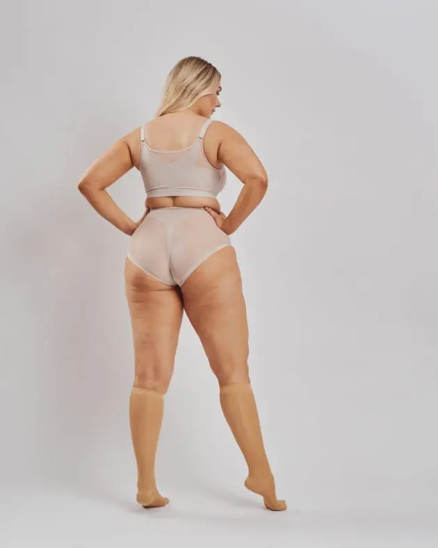 Leonisa front fastening posture bra and instant butt lift panties. BodyAid Sheer knee high graduated compression socks in beige Class I.