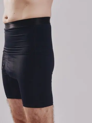 BodyAid male black high waist shaper shorts. Double layer abdominal compression. Side view.