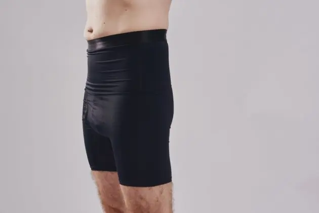 BodyAid male black high waist shaper shorts. Double layer abdominal compression. Side view.