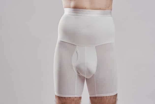 BodyAid male high waist white shaper shorts. Double layer abdominal compression. Convenient opening crotch.