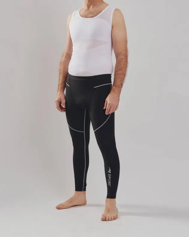 BodyAid male body slimmer in white for compression to the entire torso. Strategic support bands for better posture. Marena male leggings in black