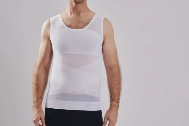 BodyAid male body slimmer in white for compression to the entire torso. Strategic support bands for better posture.