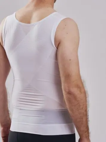 BodyAid male body slimmer in white for compression to the entire torso. Strategic support bands for better posture. Rear view.