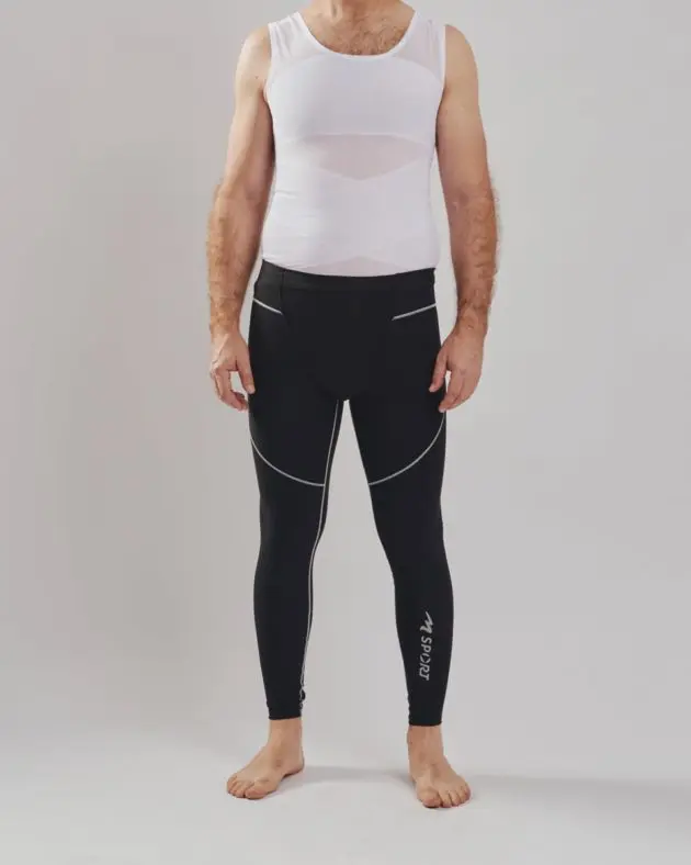 Front BodyAid male body slimmer in white for compression to the entire torso. Strategic support bands for better posture. Marena male leggings in black.