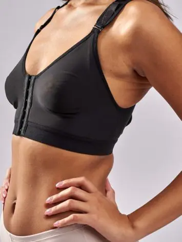BodyAid Post Surgery Bra. Versatile multi cup size post op comfort bra in black suitable for Stage 1 & 2. Racer back for comfort and three row adjustable front closure.