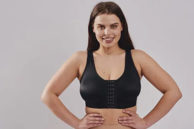 BodyAid stabilizer bra in black. Front adjustable hook and eye closure. One cup fits all.
