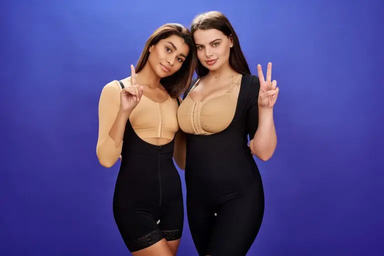 BodyAid beige soft front fastening comfortable post op bra. BodyAid arm compress crop in beige with 3/4 sleeves. BodyAid boyleg bodysuit in black with front zip. Leonisa undetectable body shaper. Stage 1 & Stage 2 Compression Garments