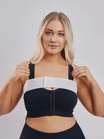 Clearpoint Medical Adjustable white stabilizer band for after breast augmentation. BodyAid arm compress crop in beige with 3/4 sleeves.