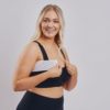 Cleapoint Medical Adjustable white stabilizer band for sustained implant positioning. BodyAid black soft front fastening comfortable post op bra.