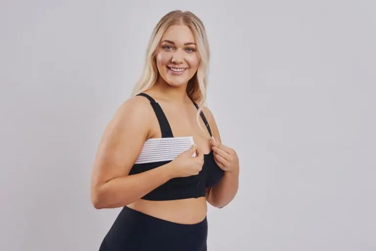 Cleapoint Medical Adjustable white stabilizer band for sustained implant positioning. BodyAid black soft front fastening comfortable post op bra.
