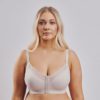 Leonisa posture bra with criss-cross bands in beige. Full bust coverage and front hook and eye closure.