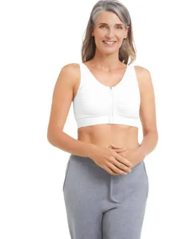 Amoena Emilia white front fastening post op bra has pockets for soft breast forms
