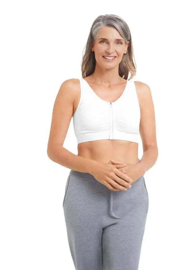 Amoena Emilia white front fastening post op bra has pockets for soft breast forms